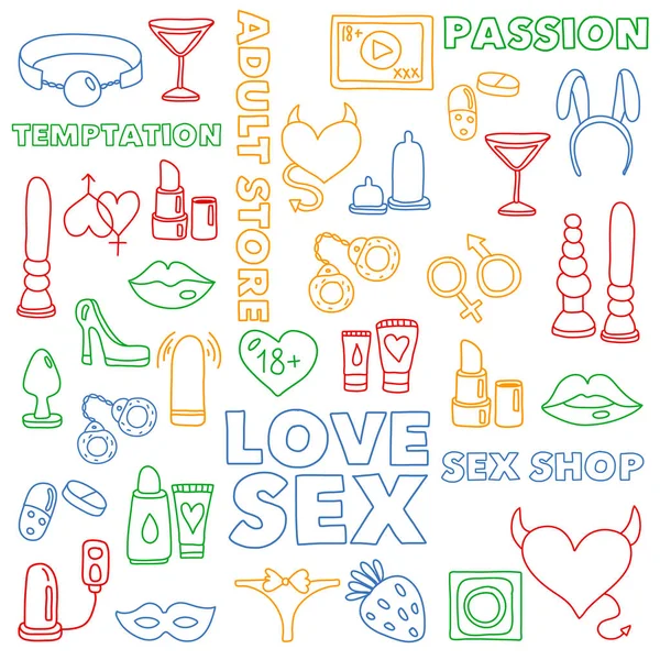 Vector set met seks shop pictogrammen. Erotisch fetish spelletjes achtergrond. — Stockvector