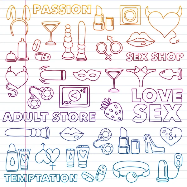 Vector set met seks shop pictogrammen. Erotisch fetish spelletjes achtergrond. — Stockvector