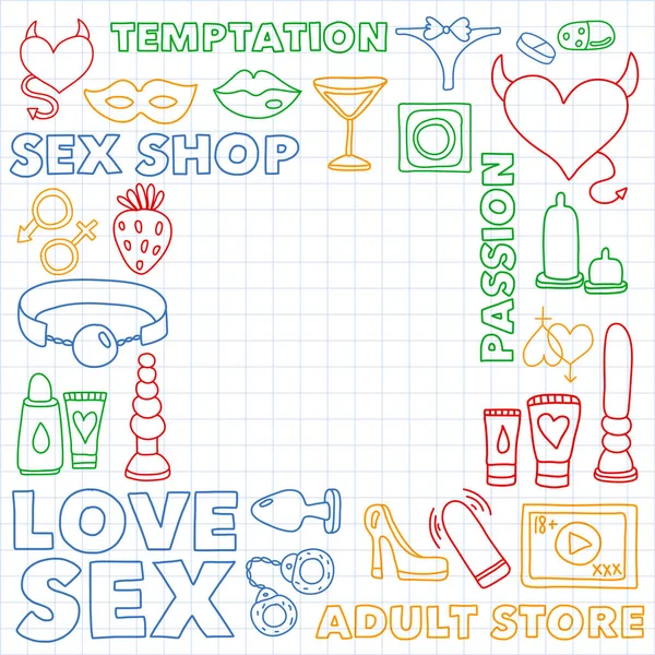 Wektor zestaw z sex shop ikony. Tło gry erotyczne fetysz. — Wektor stockowy