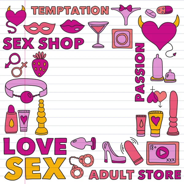 Διάνυσμα σύνολο με sex shop εικονίδια. Φόντο παιχνίδια Ερωτικά φετίχ. — Διανυσματικό Αρχείο