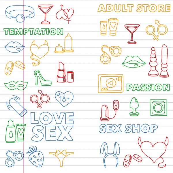 Set vettoriale con icone sexy shop. Erotico fetish giochi di sfondo . — Vettoriale Stock