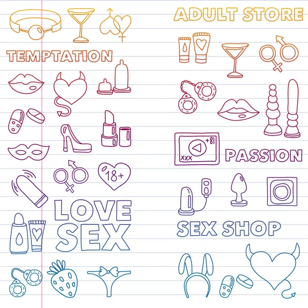 Vector set met seks shop pictogrammen. Erotisch fetish spelletjes achtergrond. — Stockvector