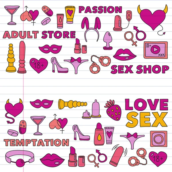 Vector set met seks shop pictogrammen. Erotisch fetish spelletjes achtergrond. — Stockvector