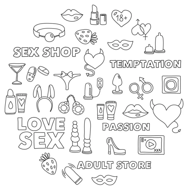 Vector set with sex shop icons. Erotic fetish games background. — Stock Vector