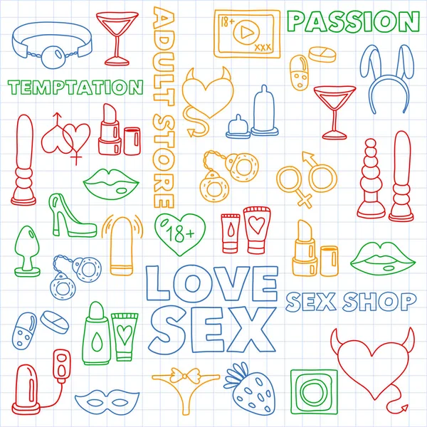 Vector set with sex shop icons. Erotic fetish games background. — Stock Vector