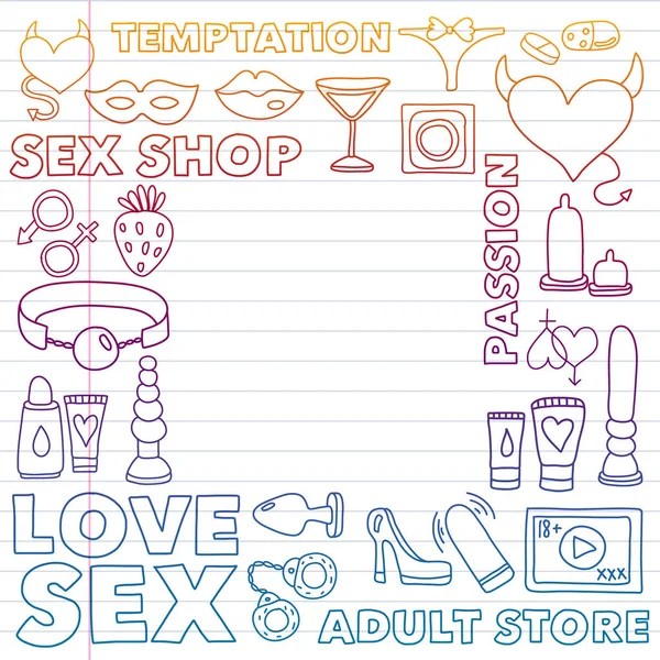 Vektör seks shop kutsal kişilerin resmi ile ayarla. Erotik fetiş Oyunlar arka plan. — Stok Vektör
