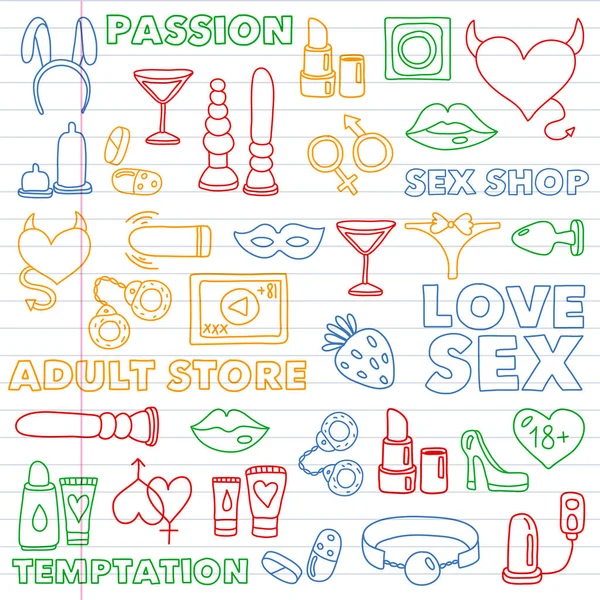 Vector set met seks shop pictogrammen. Erotisch fetish spelletjes achtergrond. — Stockvector
