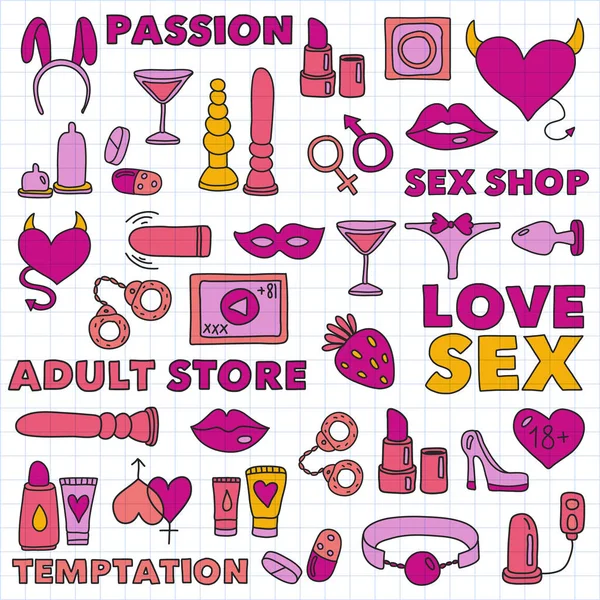 Conjunto de vetores com ícones de sex shop. Erotic fetiche jogos fundo . — Vetor de Stock