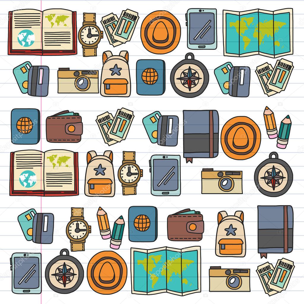 Vector pattern with travel icons. Get ready for adventures and travel. Hot air balloon, suitcase, airplane. Great vacation, holidays.