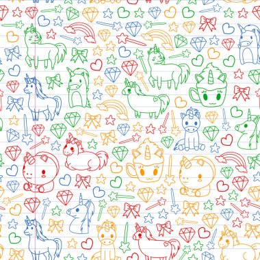 Çocuk giysileri, posterler, afişler, gömlekler için masal unicors ile Çocuk desen. Çizgi film karakteri ile vektör görüntüsü.