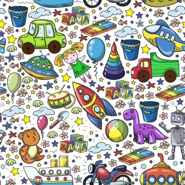 Oyuncak seti. Vektör düz çizgi film çizimi. Tahta ve plastik oyuncaklar, eğlence ve aktivite. Anaokulu, kreş..