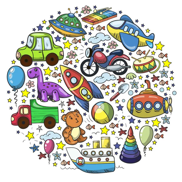 Ensemble de jouets pour bébé. Illustration vectorielle de dessin animé de style plat. Jouets en bois et en plastique, plaisir et activité. Jardin d'enfants, crèche. — Image vectorielle