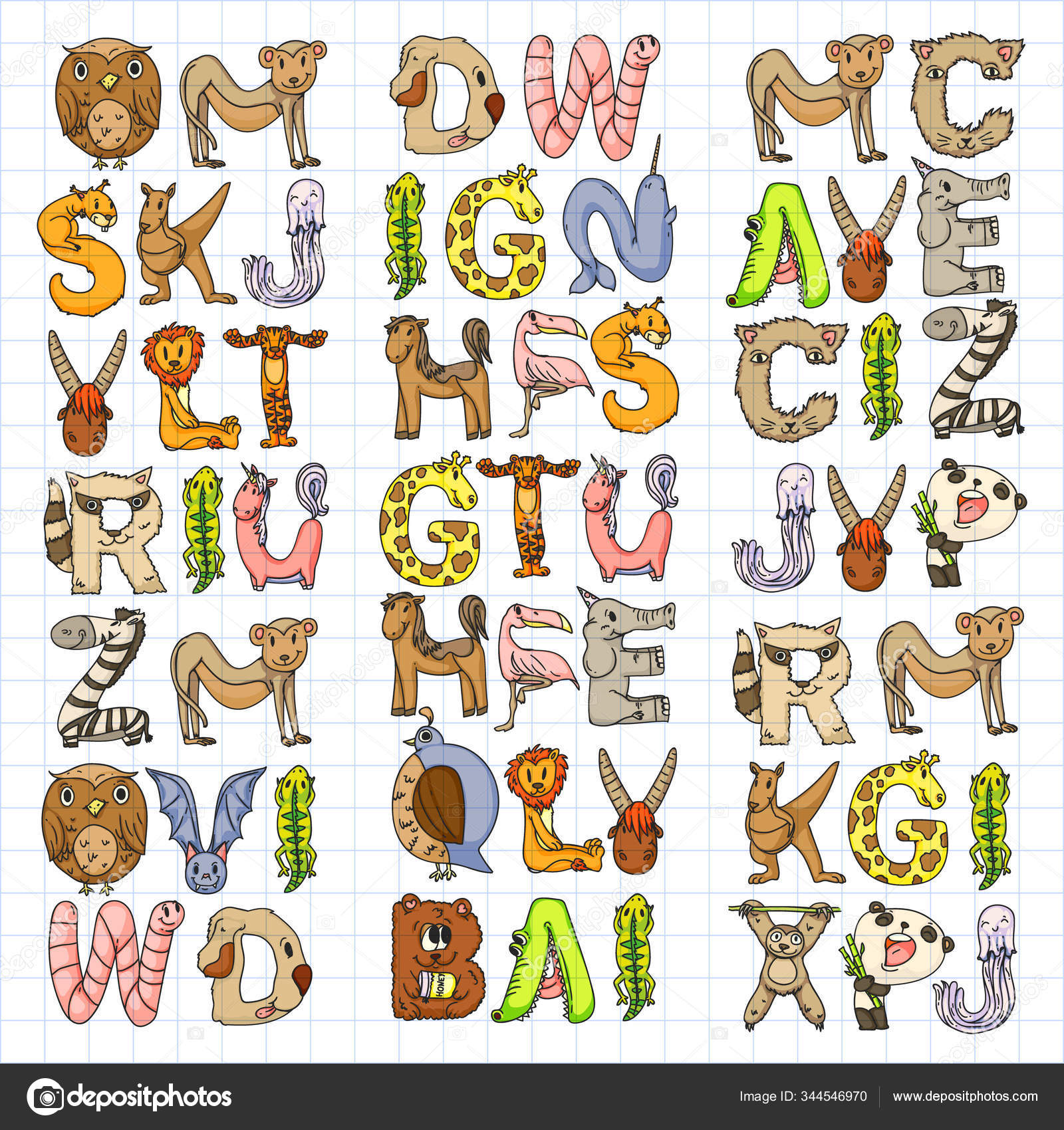 Animal alphabet. Zoo alphabet. Letters from A to Z. Cartoon cute animals. Elephant, dog