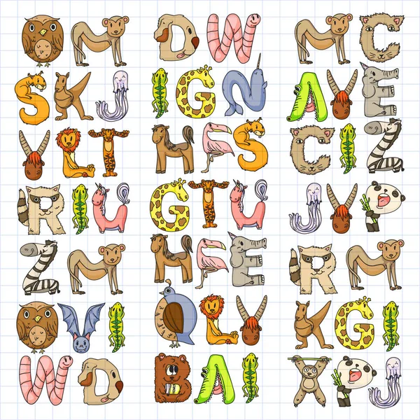 Alphabet animal. Alphabet Zoo. Lettres de A à Z. Bande dessinée animaux mignons. Éléphant, chien, flamant rose, girafe, cheval, alligator, ours, chat . — Image vectorielle