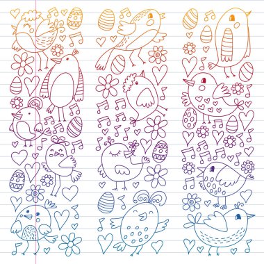 Desen çocuk kumaş, tekstil, kreş duvar kağıdı. Vektör Illustration. Küçük çocuklar için el çizilmiş şarkı kuşlar ve çiçekler.