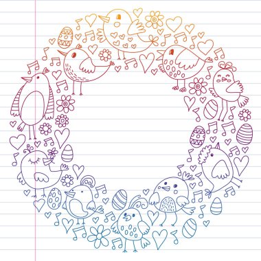 Desen çocuk kumaş, tekstil, kreş duvar kağıdı. Vektör Illustration. Küçük çocuklar için el çizilmiş şarkı kuşlar ve çiçekler.