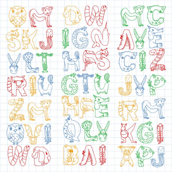 Tierbuchstaben. Zoo-Alphabet. Buchstaben von a bis z. Karikatur niedliche Tiere. Elefant, Hund, Flamingo, Giraffe, Pferd, Alligator, Bär, Katze. — Stockvektor