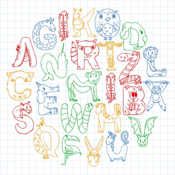 Animal alphabet. Zoo alphabet. Letters from A to Z. Cartoon cute animals. Elephant, dog, flamingo, giraffe, horse, alligator, bear, cat.