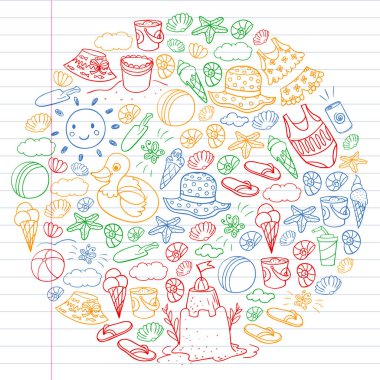 Yaz posterleri ve afişler için plaj simgeleri seti. Deniz, okyanus tatili. Çocuk çizim stili.