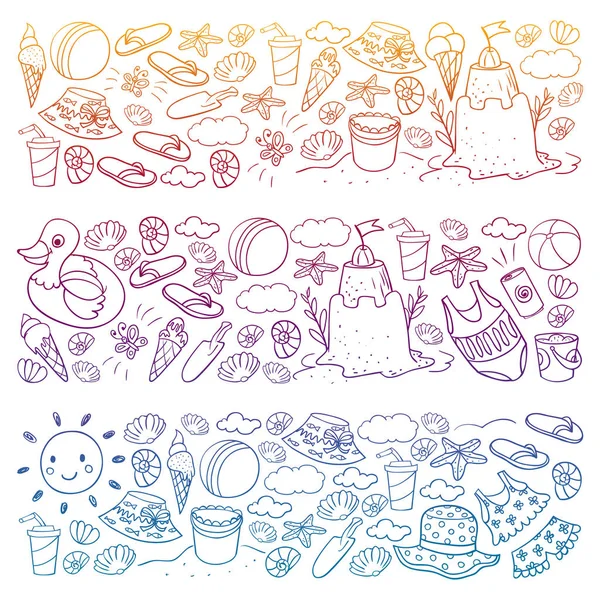 Vector set of beach icons for summer posters, banners. Sea, ocean vacations. Kids drawing style. — 스톡 벡터
