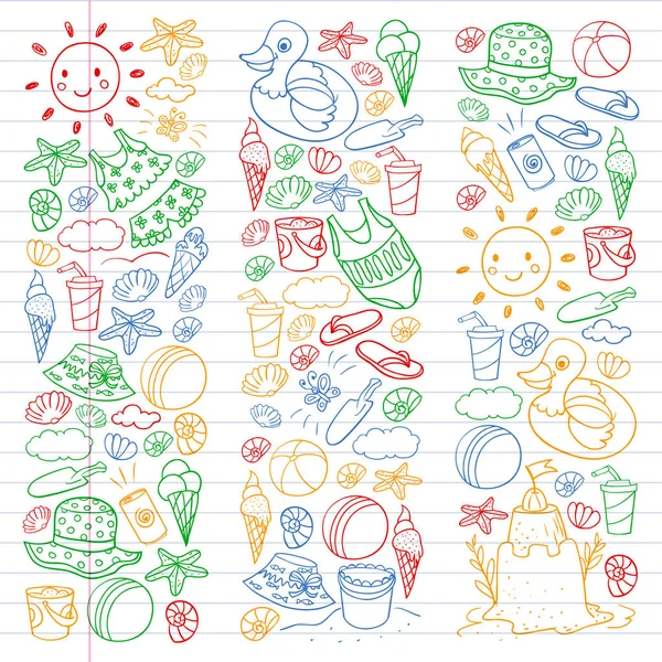 Conjunto vectorial de iconos de playa para carteles de verano, pancartas. Mar, vacaciones en el océano. Estilo de dibujo para niños . — Vector de stock