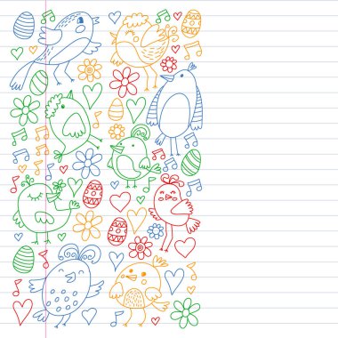 Desen çocuk kumaş, tekstil, kreş duvar kağıdı. Vektör Illustration. Küçük çocuklar için el çizilmiş şarkı kuşlar ve çiçekler.