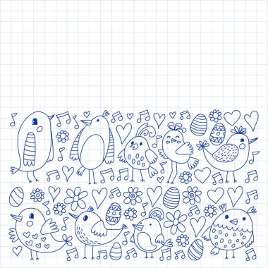 Desen çocuk kumaş, tekstil, kreş duvar kağıdı. Vektör Illustration. Küçük çocuklar için el çizilmiş şarkı kuşlar ve çiçekler.