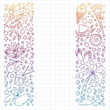 Palmiyeli, plajlı, havai fişekli Brezilya vektör deseni. Brezilya posterler ve afişler için simgeler.