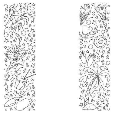 Palmiyeli, plajlı, havai fişekli Brezilya vektör deseni. Brezilya posterler ve afişler için simgeler.