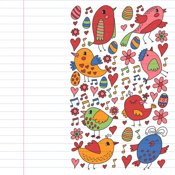 Motif tissu enfants, textile, papier peint de pépinière. Illustration vectorielle. Oiseaux chanteurs dessinés à la main et fleurs pour petits enfants . — Image vectorielle