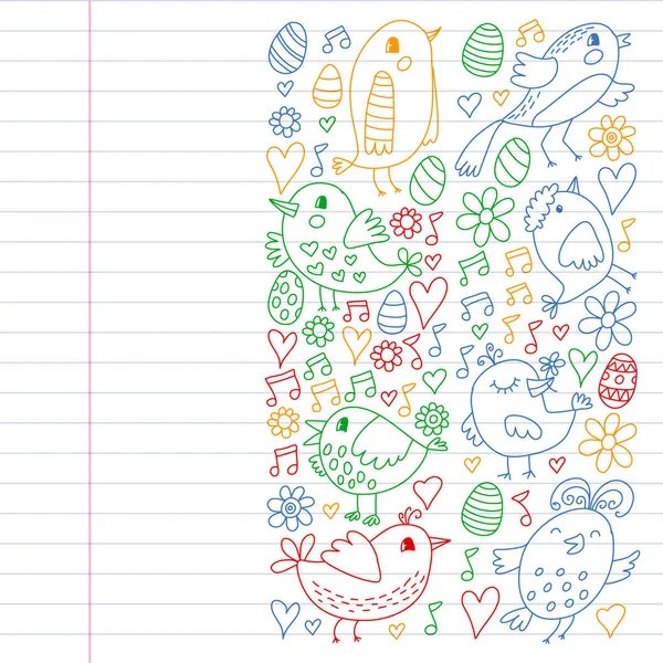 Pattern kids fabric, textile, nursery wallpaper. Vector illustration. Hand drawn singing birds and flowers for little children.