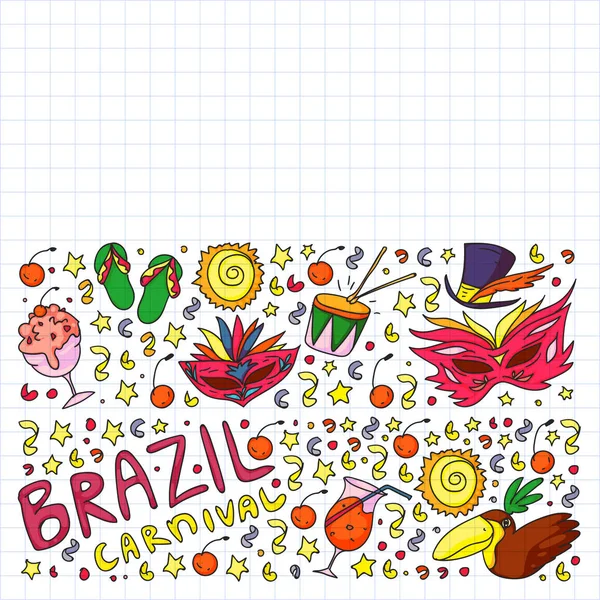 Patrón vector brasileño con palmera, playa, fuegos artificiales. Iconos de Brasil para carteles y pancartas . — Archivo Imágenes Vectoriales
