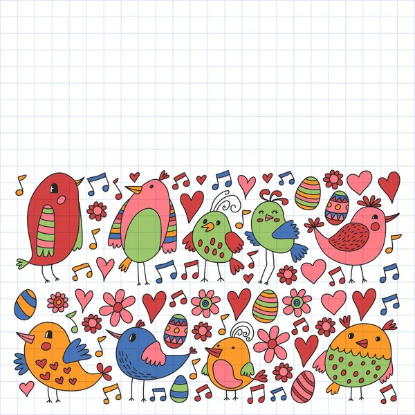 Pattern kids fabric, textile, nursery wallpaper. Vector illustration. Hand drawn singing birds and flowers for little children. — Stock Vector