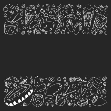 Palmiyeli, plajlı, havai fişekli Brezilya vektör deseni. Brezilya posterler ve afişler için simgeler.