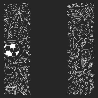 Palmiyeli, plajlı, havai fişekli Brezilya vektör deseni. Brezilya posterler ve afişler için simgeler.