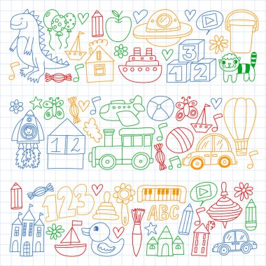 Çocuk oyuncakları ile vektör deseni. Robot, roket, at, bebek