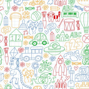 Çocuk oyuncakları ile vektör deseni. Robot, roket, at, bebek