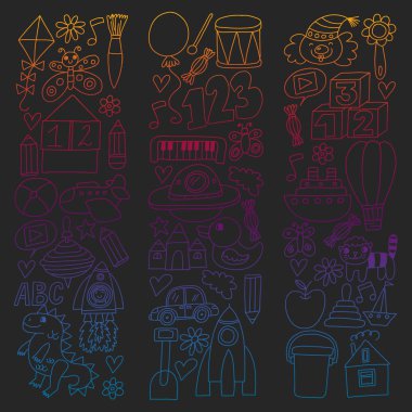 Çocuk oyuncakları ile vektör deseni. Robot, roket, at, bebek