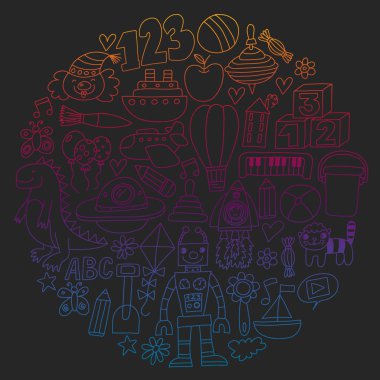 Çocuk oyuncakları ile vektör deseni. Robot, roket, at, bebek