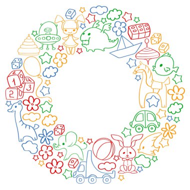 Çocuk oyuncakları ile vektör deseni. Küçük çocuklar için Doodle tarzında anaokulu elemanları. Eğitim, oyun, büyümek