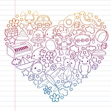 Çocuk oyuncakları ile vektör deseni. Küçük çocuklar için Doodle tarzında anaokulu elemanları. Eğitim, oyun, büyümek
