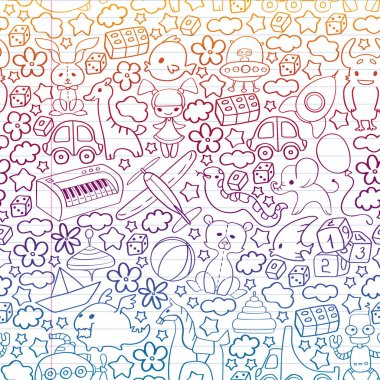Çocuk oyuncakları ile vektör deseni. Küçük çocuklar için Doodle tarzında anaokulu elemanları. Eğitim, oyun, büyümek