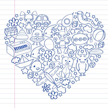 Çocuk oyuncakları ile vektör deseni. Küçük çocuklar için Doodle tarzında anaokulu elemanları. Eğitim, oyun, büyümek
