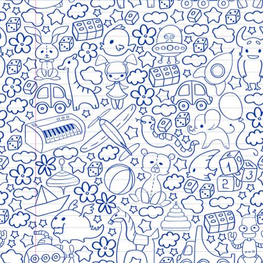 Çocuk oyuncakları ile vektör deseni. Küçük çocuklar için Doodle tarzında anaokulu elemanları. Eğitim, oyun, büyümek
