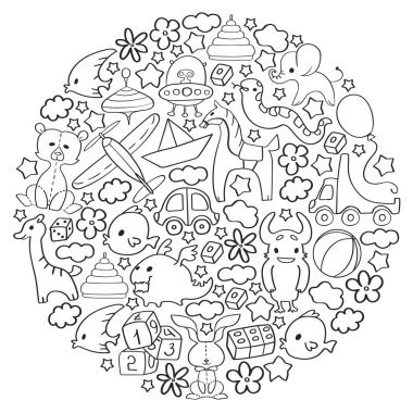 Çocuk oyuncakları ile vektör deseni. Küçük çocuklar için Doodle tarzında anaokulu elemanları. Eğitim, oyun, büyümek