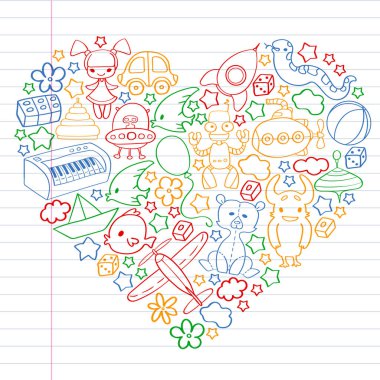 Çocuk oyuncakları ile vektör deseni. Küçük çocuklar için Doodle tarzında anaokulu elemanları. Eğitim, oyun, büyümek