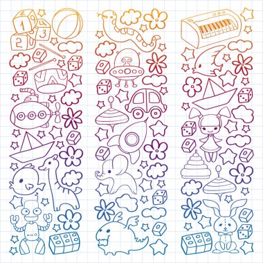 Çocuk oyuncakları ile vektör deseni. Küçük çocuklar için Doodle tarzında anaokulu elemanları. Eğitim, oyun, büyümek