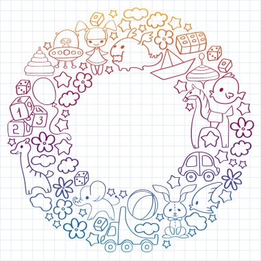 Çocuk oyuncakları ile vektör deseni. Küçük çocuklar için Doodle tarzında anaokulu elemanları. Eğitim, oyun, büyümek