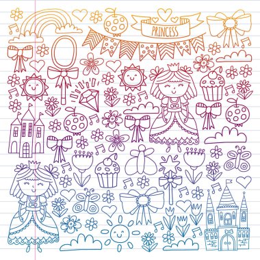 Küçük kızlar için vektör deseni. Mutlu Doğum günü partisi için Prenses illüstrasyon.