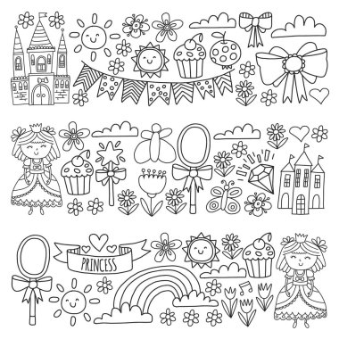 Küçük kızlar için vektör deseni. Mutlu Doğum günü partisi için Prenses illüstrasyon.